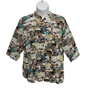 Christopher & Banks Button-Up Jacket Women's Sz 3X Floral 3/4 Sleeve Linen Blend